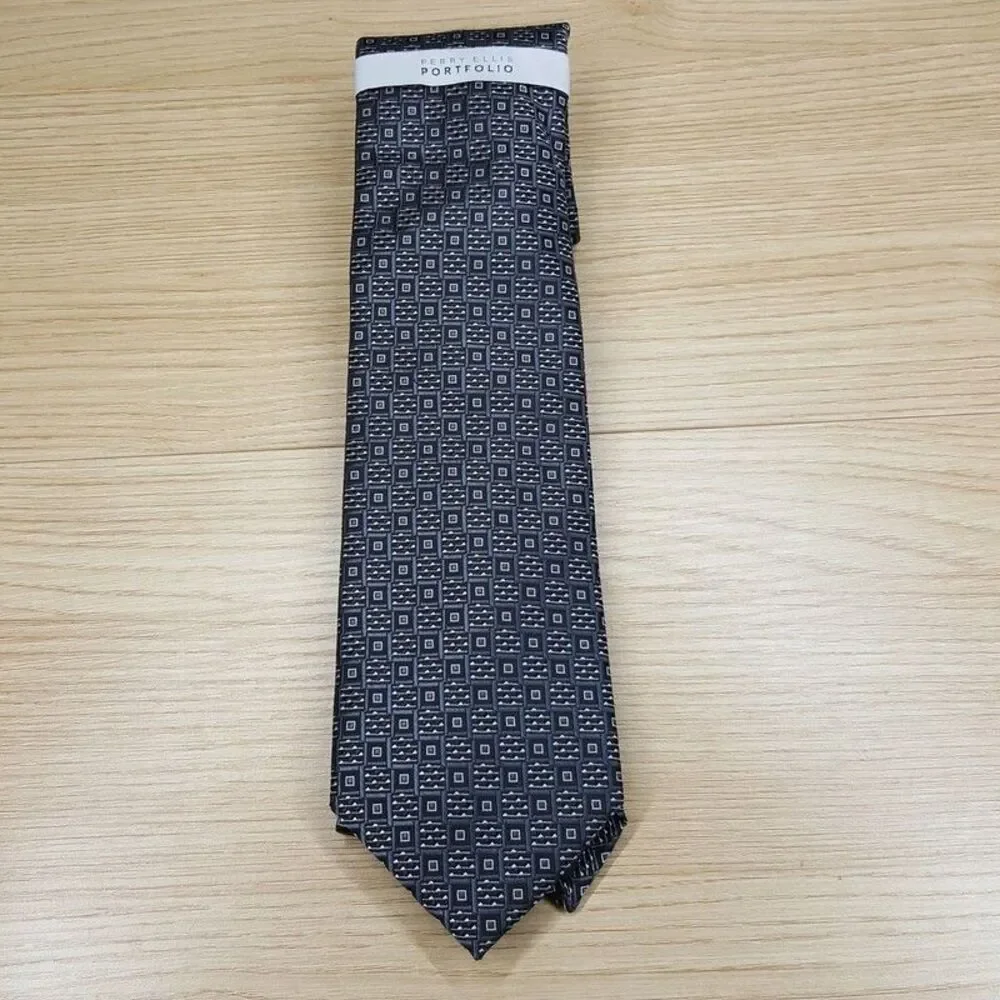 PERRY ELLIS Mens Neck Tie Black Gray Geo Tile Square Modern Classic